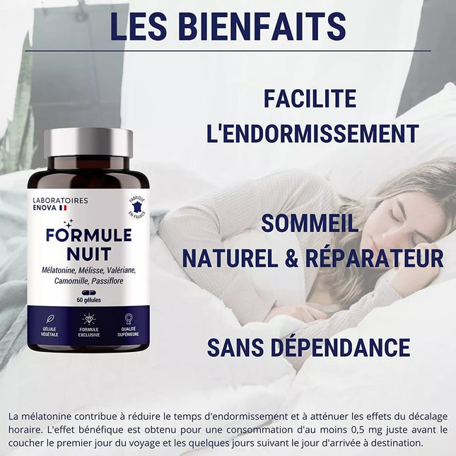 FORMULE NUIT | Mélatonine 1,9 mg + Plantes : Valériane, Mélisse, Camomille, Passiflore | Complément Alimentaire pour Dormir 100% Naturel | 60 nuits de Sommeil Naturel | Fabriqué en France - Nymphora