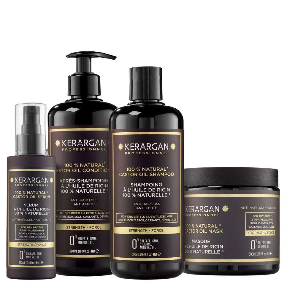 Kerargan - Ensemble Anti-Chute Shampoing, Après-shampoing, Masque & Sérum à l’Huile de Ricin - 3x500ml + 100ml - Nymphora