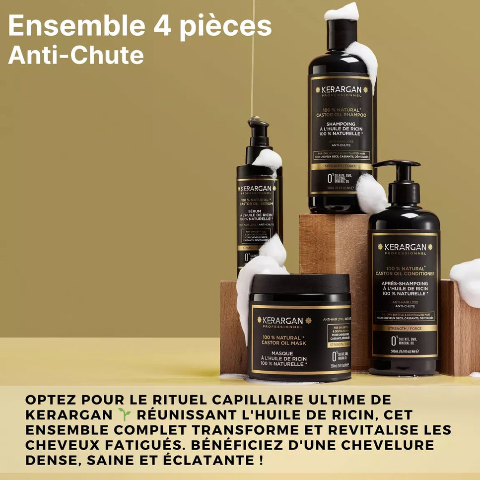 Kerargan - Ensemble Anti-Chute Shampoing, Après-shampoing, Masque & Sérum à l’Huile de Ricin - 3x500ml + 100ml - Nymphora