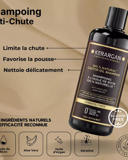 Kerargan - Ensemble Anti-Chute Shampoing, Après-shampoing, Masque & Sérum à l’Huile de Ricin - 3x500ml + 100ml - Nymphora