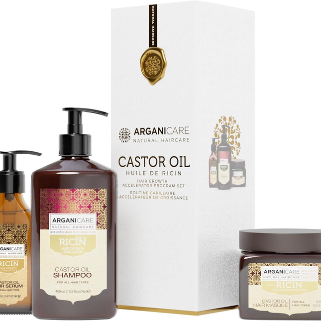 ARGANICARE | Shampoing + Masque + Sérum Ricin | Accélérateur de Croissance | Apaise le cuir Chevelu | Nourrit et Renforce le cuir Chevelu | Cheveux Fort et Brillant | 400ML + 500ML + 100ML - Nymphora