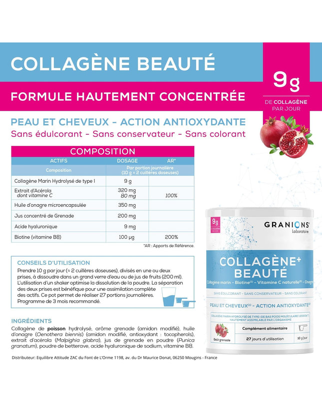 GRANIONS COLLAGENE + BEAUTE Peau et Cheveux - Poudre Parfum Grenade 275g - Nymphora