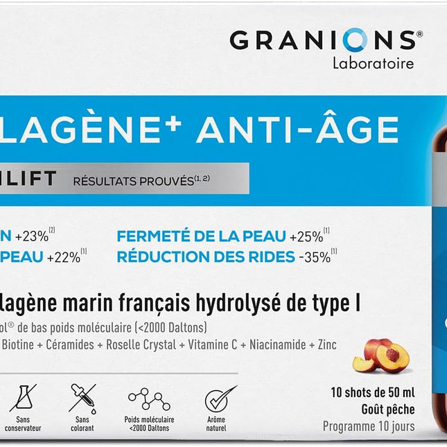 GRANIONS COLLAGENE + ANTI-ÂGE Sublimlift Goût Pêche - 10 Shots - Nymphora