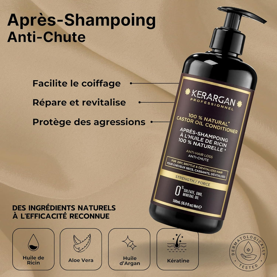 Kerargan - Duo Anti-Chute Shampoing, Après-shampoing & Masque Huile de Ricin - 2x500ml - Nymphora